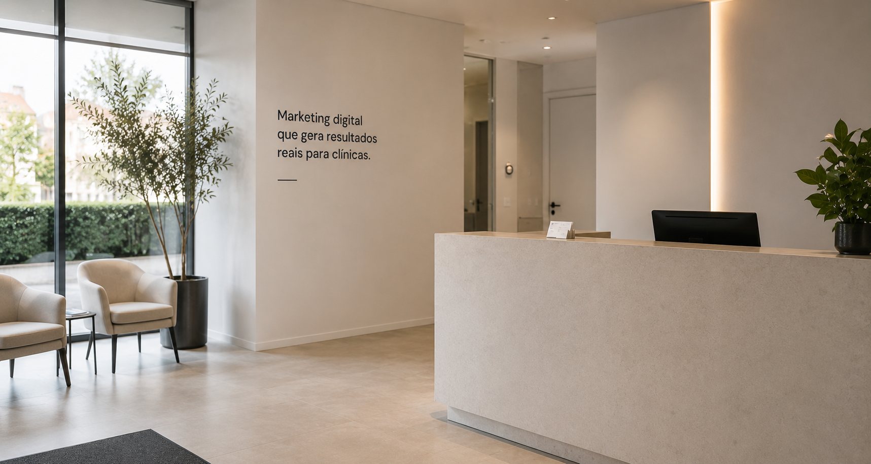 Receção de uma clínica, com a frase «Marketing digital que gera resultados reais para clínicas» aplicada na parede