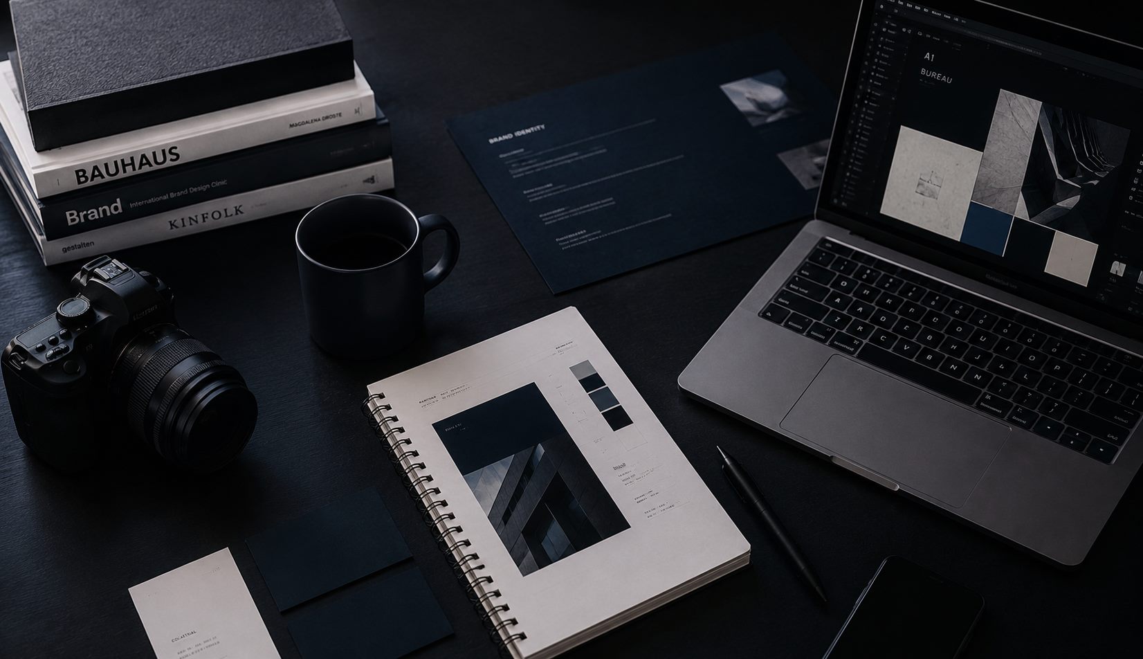 Livros de design de marca e um documento de identidade visual sobre uma secretária